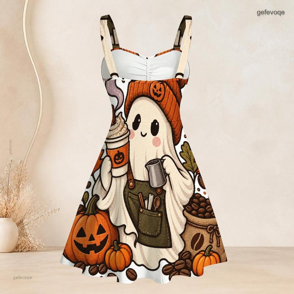 Women Plus Size Off Shoulder Strappy Sleeveless Fitted Waist Ghost Pumpkin Print Flared Dress