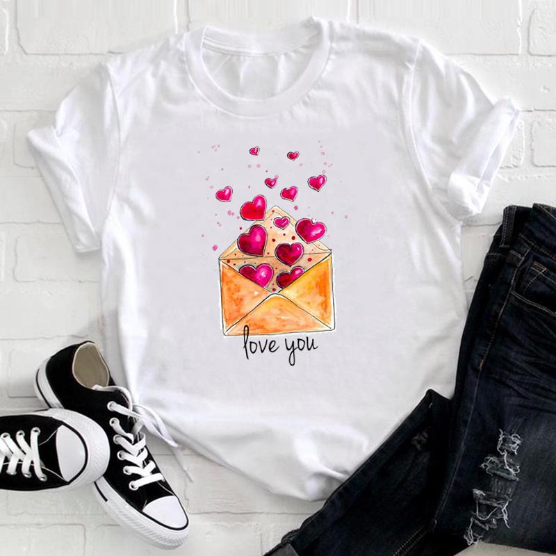 (European Size) Love Heart Tee Top Fashion T Shirt Watercolor Trend Cute Women Print Lady Female  Clothing Casual Short Sleeve Graphic T-shirt