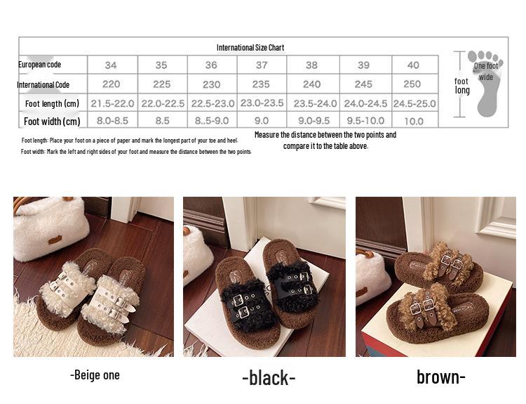 2025 Autumn/Winter Women's Furry Thick Sole Warm Slippers with One Strap and Belt Buckle
