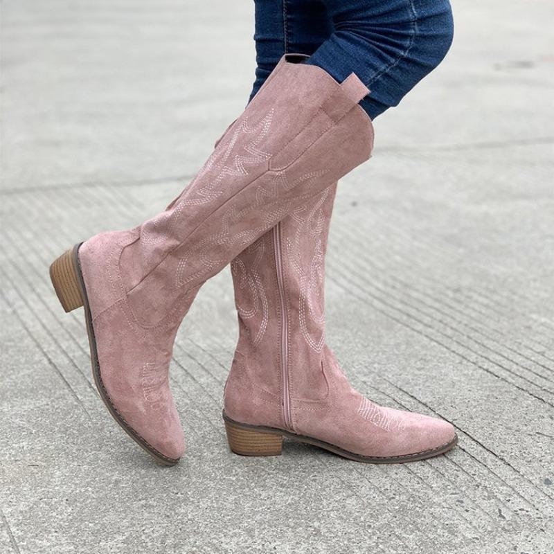 Stivali Martin da Donna Taglia Grande Ricamati Retro con Scollo a V Tacco Chunky Marrone Stivali da Equitazione a Mezza Gamba.