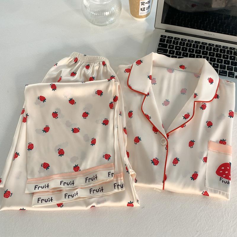 Sweet And Cute Strawberry Print Girl Can Wear Short Sleeves And Trousers Loungewear Can Wear Women Outside