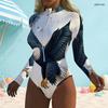 Women Plus Size Dark Blue High Neck Front Zip Long Sleeve Galaxy Printed One Piece Swimsuit