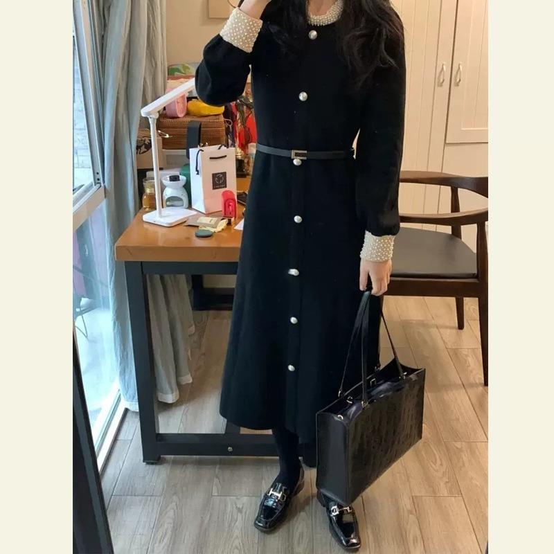 Small Dress Can Usually Be Worn Light Luxury Niche Coffee Break Black Knitted Bead Dress Women's Autumn and Winter