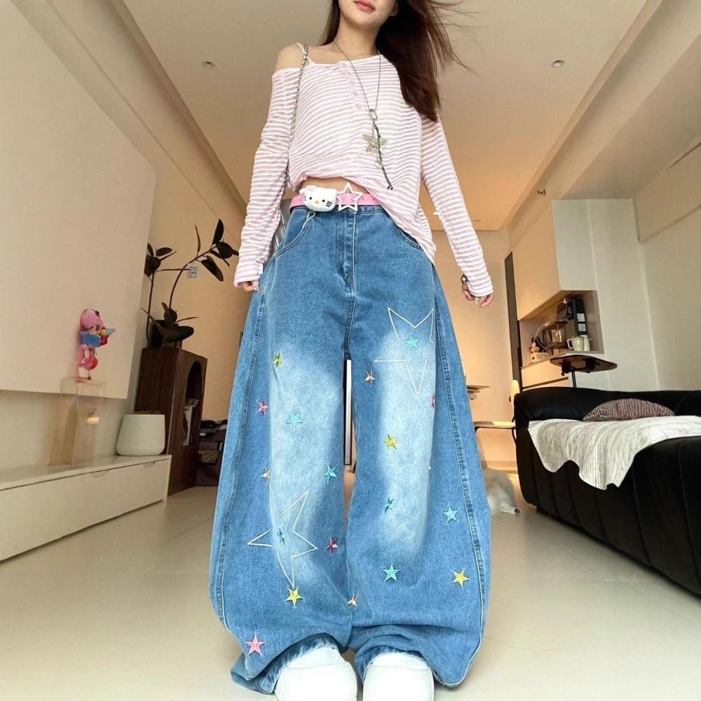 Women's High Waist Wide Leg Jeans Loose Fit Star Embroidery Vintage Washed Denim Pants Streetwear Trousers