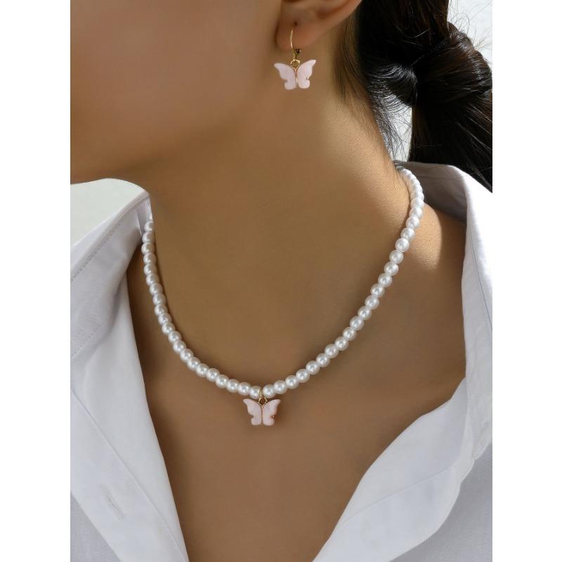 Fashion Faux Pearl Bow Pendant Necklace Earrings Jewelry Set For Women