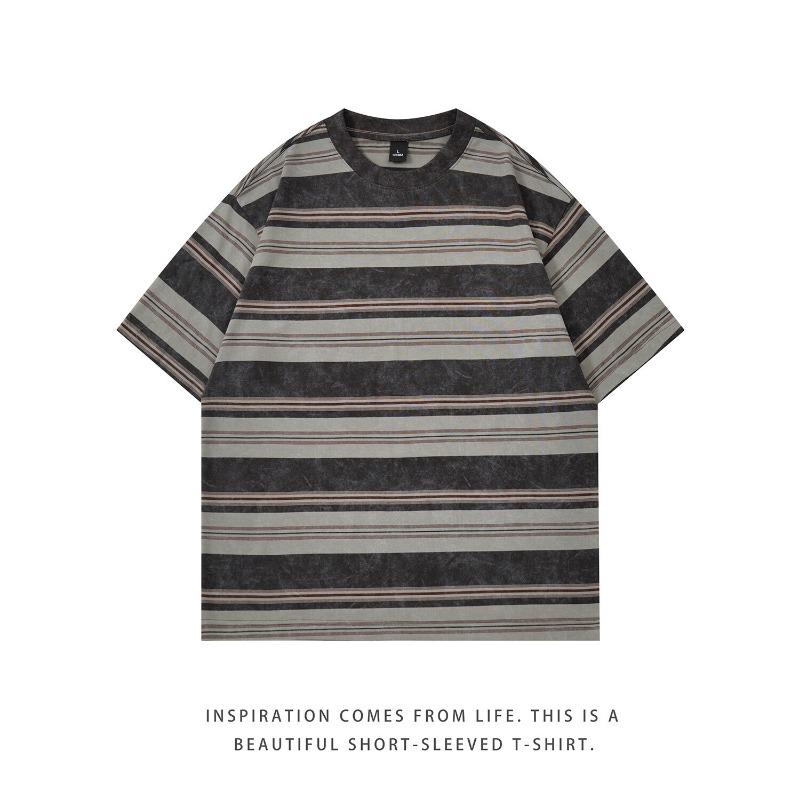 Herren Gestreiftes Lockeres Rundhals Casual Kurzarm T-Shirt