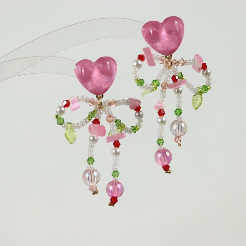 Heart Beaded Ear Clip - Pink, 2026 New Style, Trendy Sweet Seaside Vacation Earrings