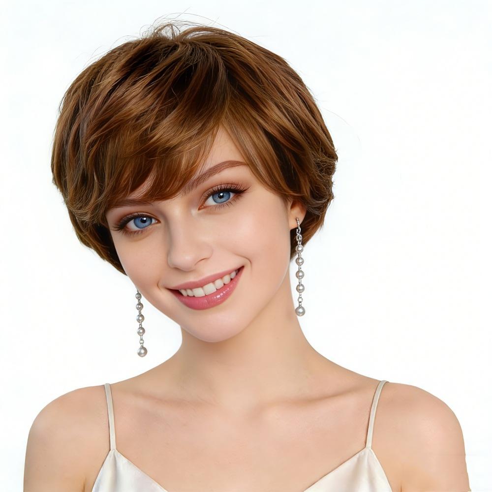Women Stylish Short Layered Wave Hair Synthetic Golden Brown Wigs with Bangs for Daily Cosplay Lolita Heat Resistant Fibre