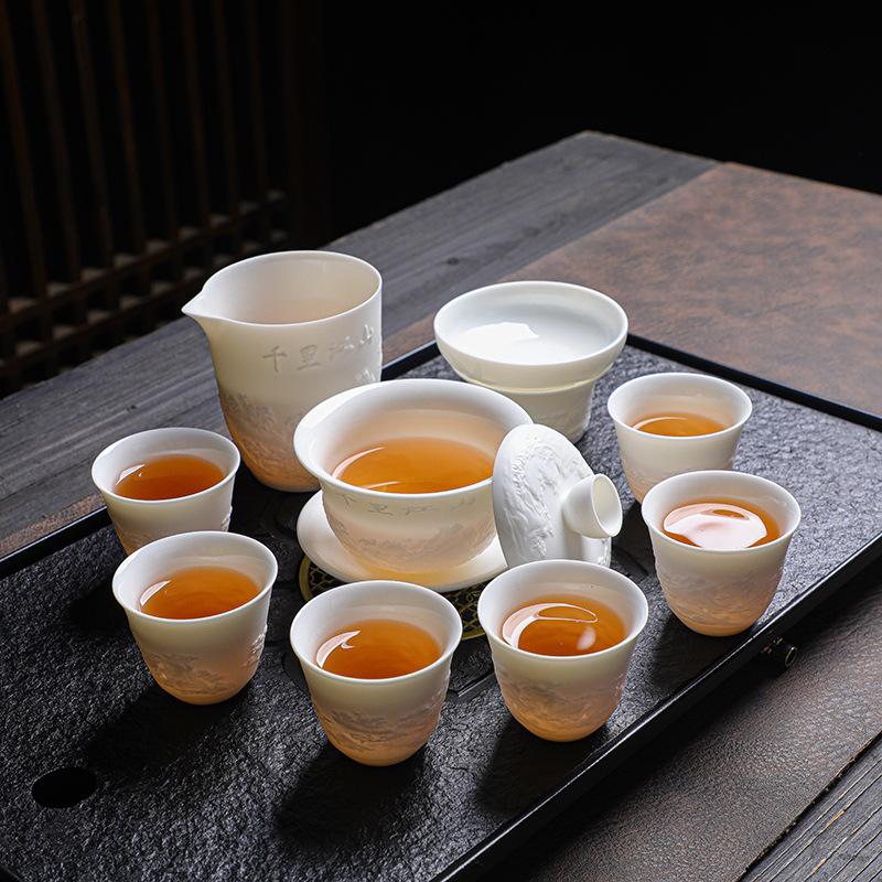 Dehua Relief Suet Jade Kung Fu Tea Set, Business Home Gift Set, Gift Belt Gift Box