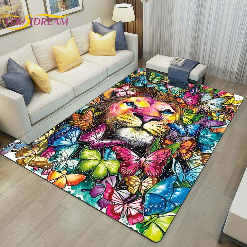 3D Lion Tiger Rug Beautiful Lion Face Rug Modern Carpets for Living Room Area Rug Non Slip Floor Rug Wild Cat Glare Rug Play Mat