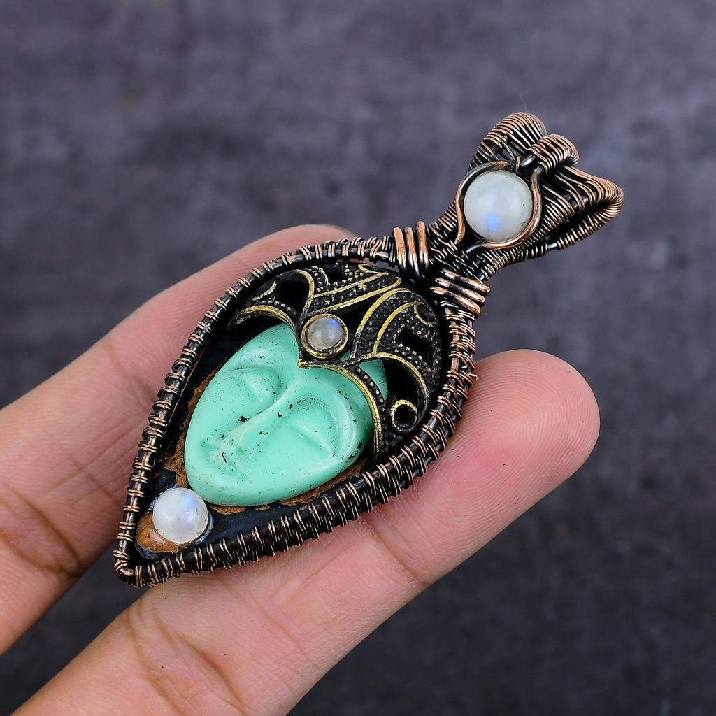 Natural Cameo, Moonstone Gemstone Copper Wire Wrap Jewelry Pendant 2.96" E7t38