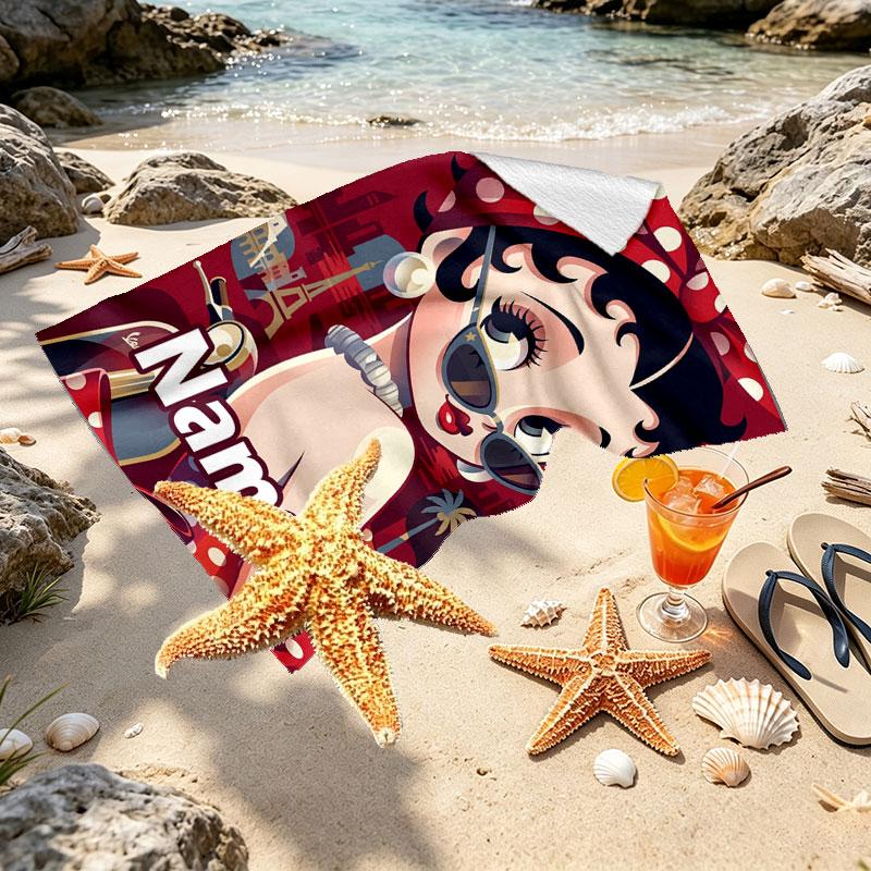 Custom Name Personalized Betty Boop Print Beach Towel, for Trip Camping Beach Party Home Decor, Birthday Gift for Family & Friends