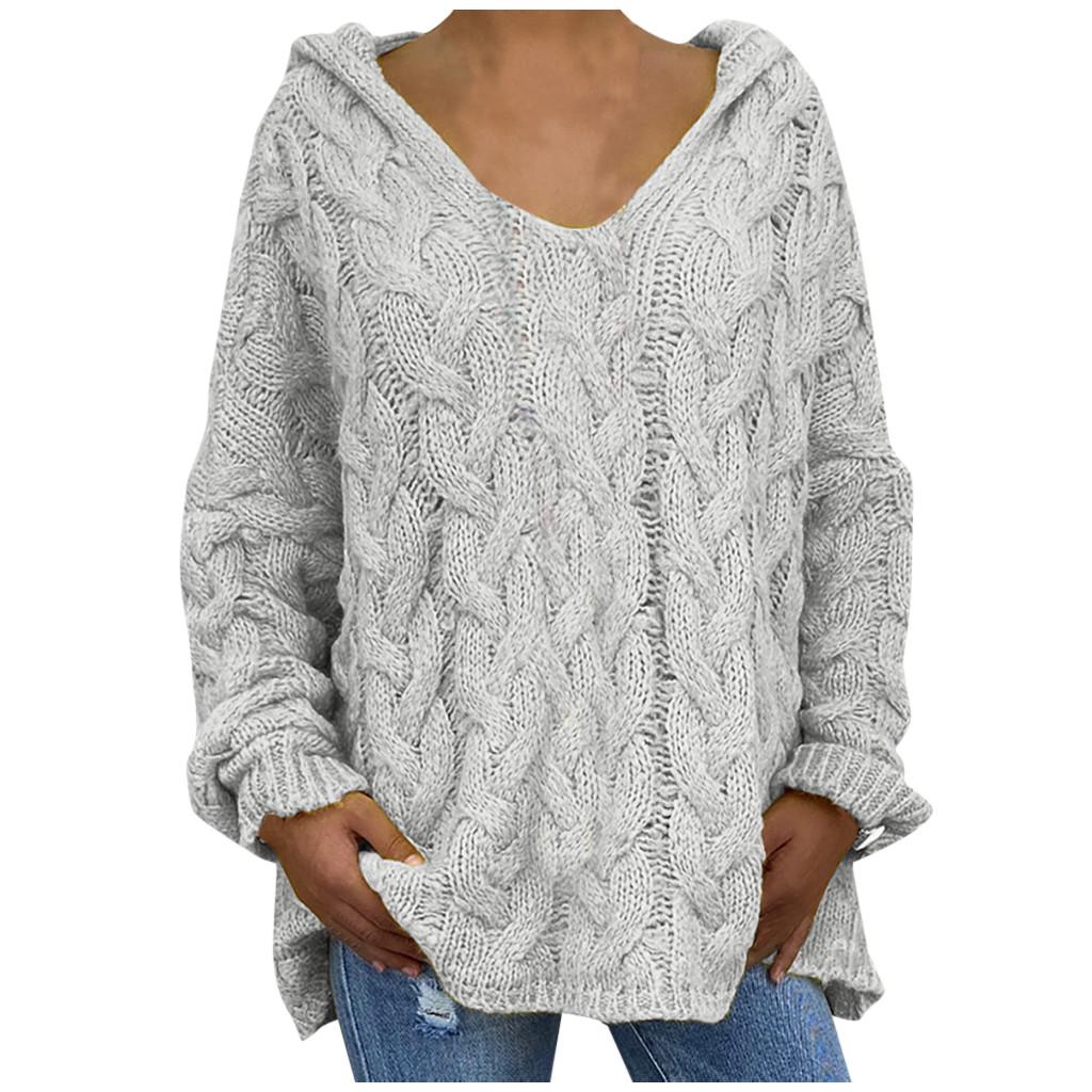 Women Fashion Loose Large Size Solid Color Hood Long Sleeves Sweater Tops