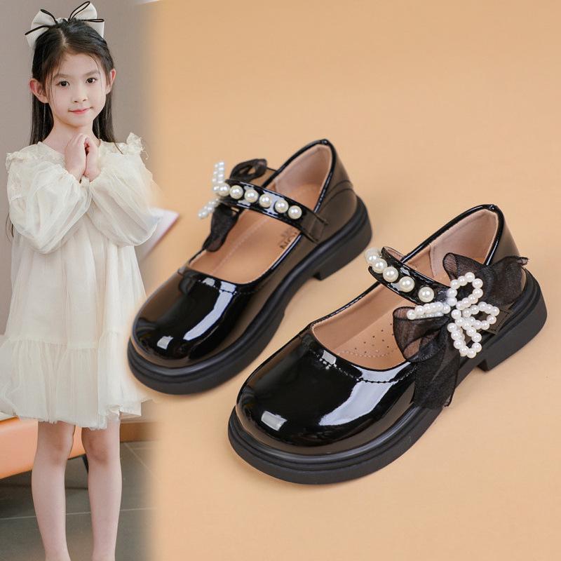 Girls' Pearl Bow Princess Shoes - Spring/Autumn Fashionable Leather, Korean & British Style, Casual & Performance Wear