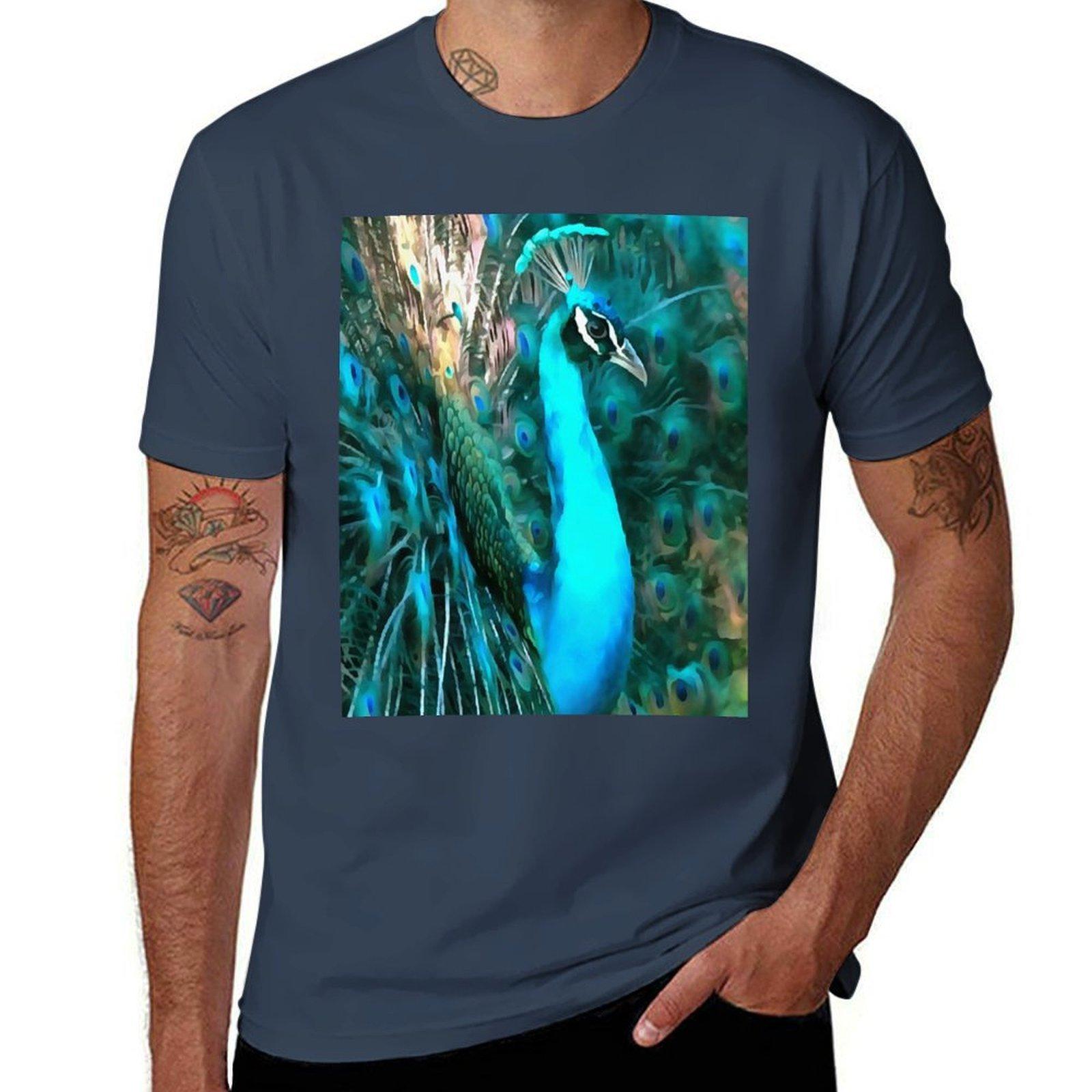 Vibrant Blue Peacock In With Fanned Tail TShirt Christmas Casual Tee Shirt S