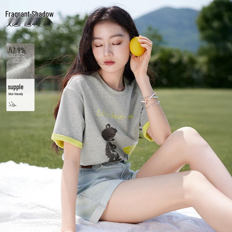 Xiangying Little Bear Embroidered Drop-Shoulder T-Shirt L