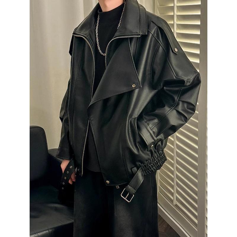 Mens Vintage PU Leather Jacket Double Lapel Casual Biker Style Loose Fit Short Length Young Adults