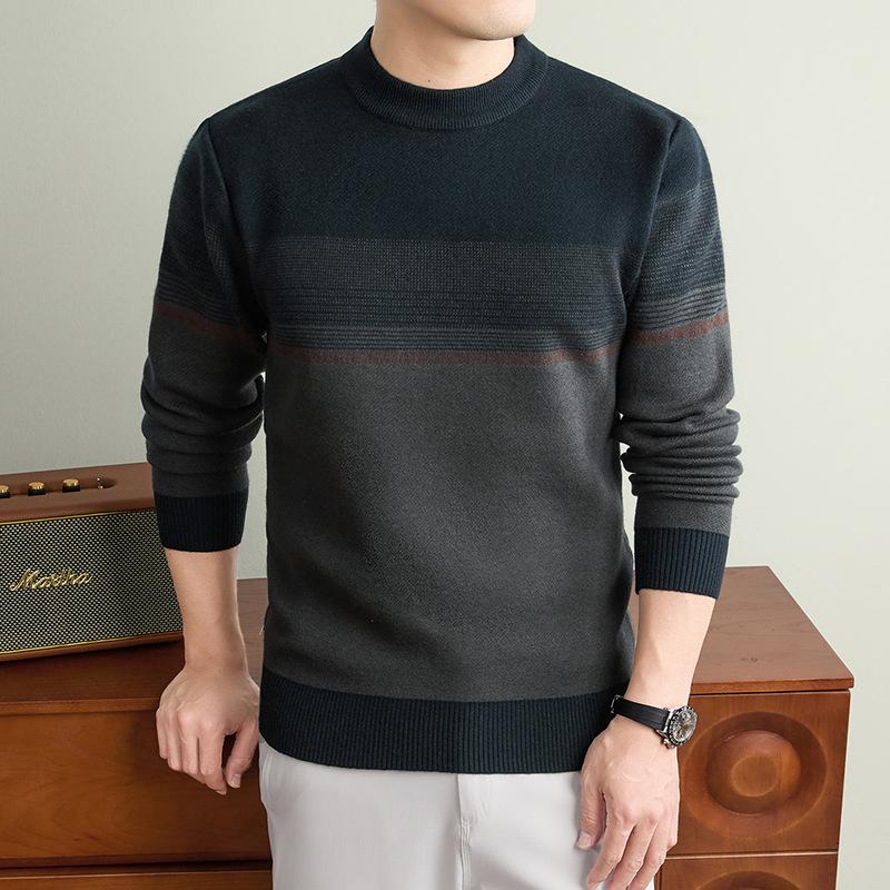 Men S Thick Striped Round Neck Long Sleeve Knitted Pullover Sweater Business Casual
