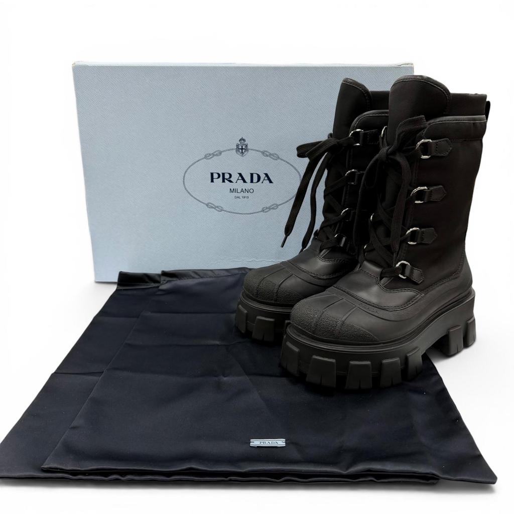 Pristine PRADA Short Boots Monolith Logo Lace-up Boots Black Women 36 1U363M Used