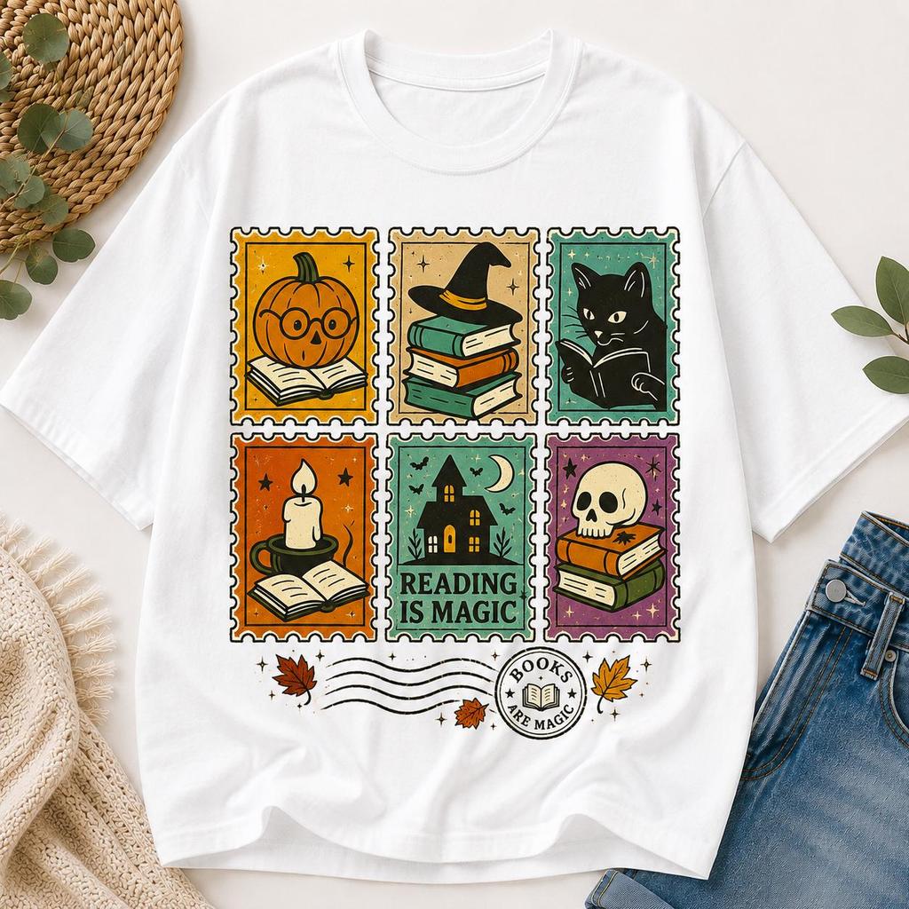 Bookish Halloween Stamp T-Shirt, Cozy Fall Reading Shirt, Witchy Book Lover Tee, Vintage Pumpkin Cat Reader Top