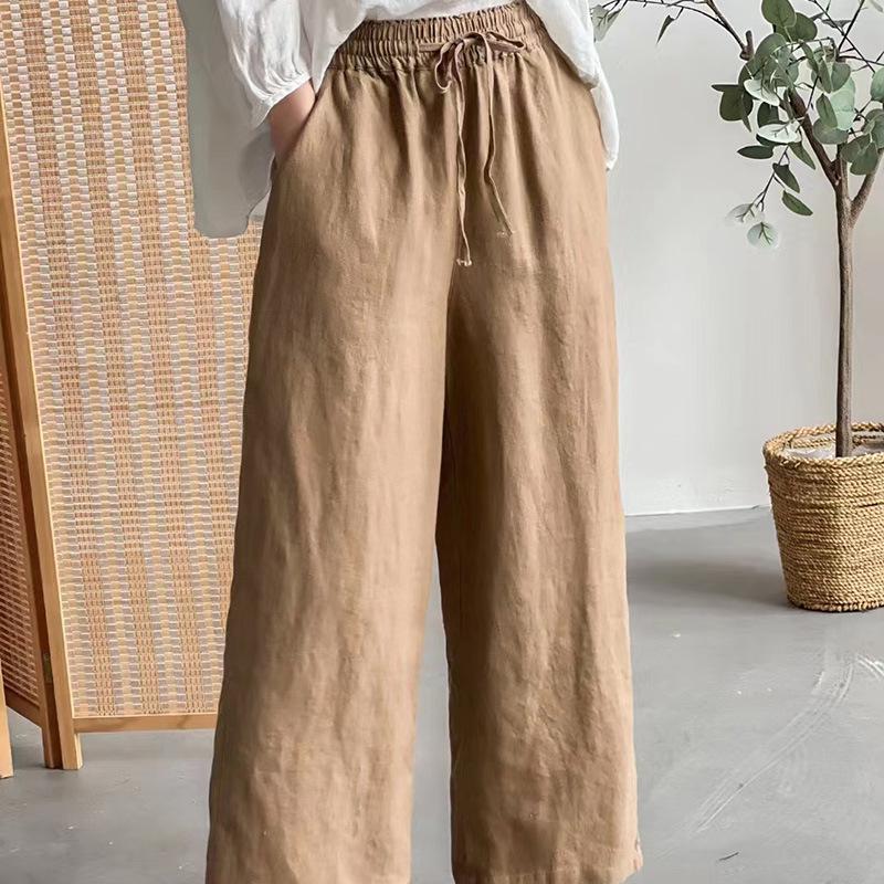 

Весенние льняные брюки широкого кроя 2024: Универсальный однотонный с эластичной талией и кулиской для женщин XL (90-110 jin) хаки