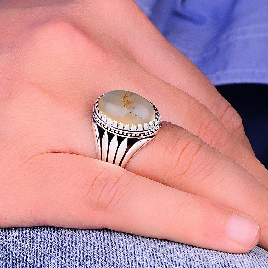 Naturalny pierścień męski z agatu jemeńskiego, prosty i stylowy, ręcznie wykonany turecki pasek ze srebra próby 925, wyjątkowy prezent dla niego