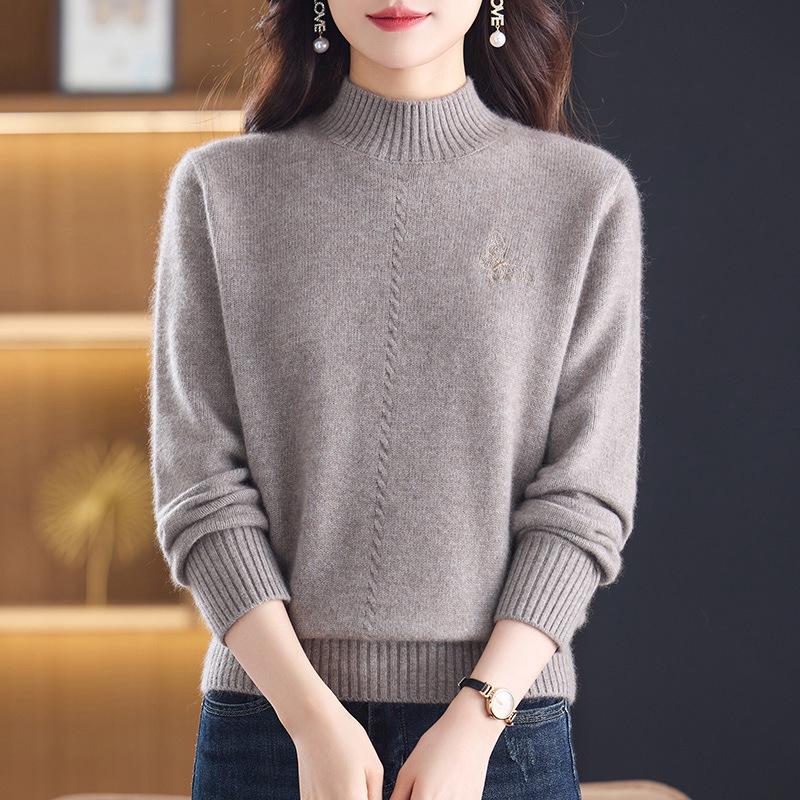 Women's Warm Cashmere Sweater with Embroidered Half-High Collar - Autumn/Winter Fashion Base Layer