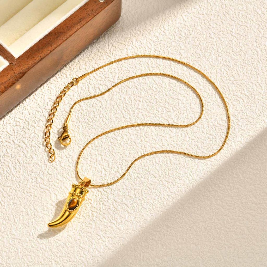 Damen Trendschmuck, Naturstein Edelstahl Fatima Hand Tigerauge Anhänger Halskette
