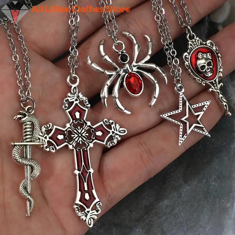 Hot Sale 5Pcs Gothic Necklace Set For Women Jewelry Heart Bat Spider Cross Pendant Sweater Chain Trendy Daily Accessories Gift