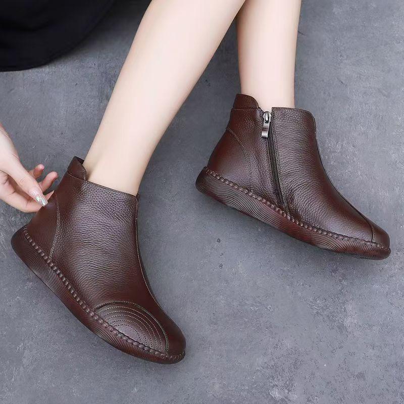 Women Winter New Genuine Leather Ankle Cotton Boots Soft Sole Soft Face Flat Sole Non Slip Plush Keep Warm High Top Cotton Shoes