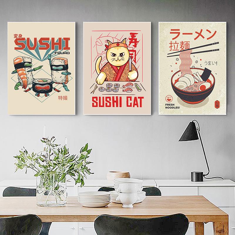 Japanese Food Poster Funny Ramen Noodles Sushi Kitchen Wall Art Print Canvas Painting Pictures for Restaurant Home Decor Cuadros