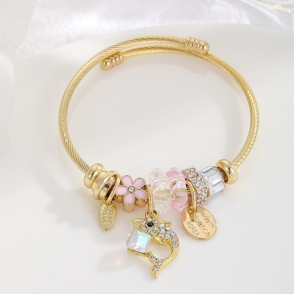 Gold Plated Bracelet for Women with Diamond Inlay, Fish Tail Dolphin Alloy Pendant, Adjustable Wristband