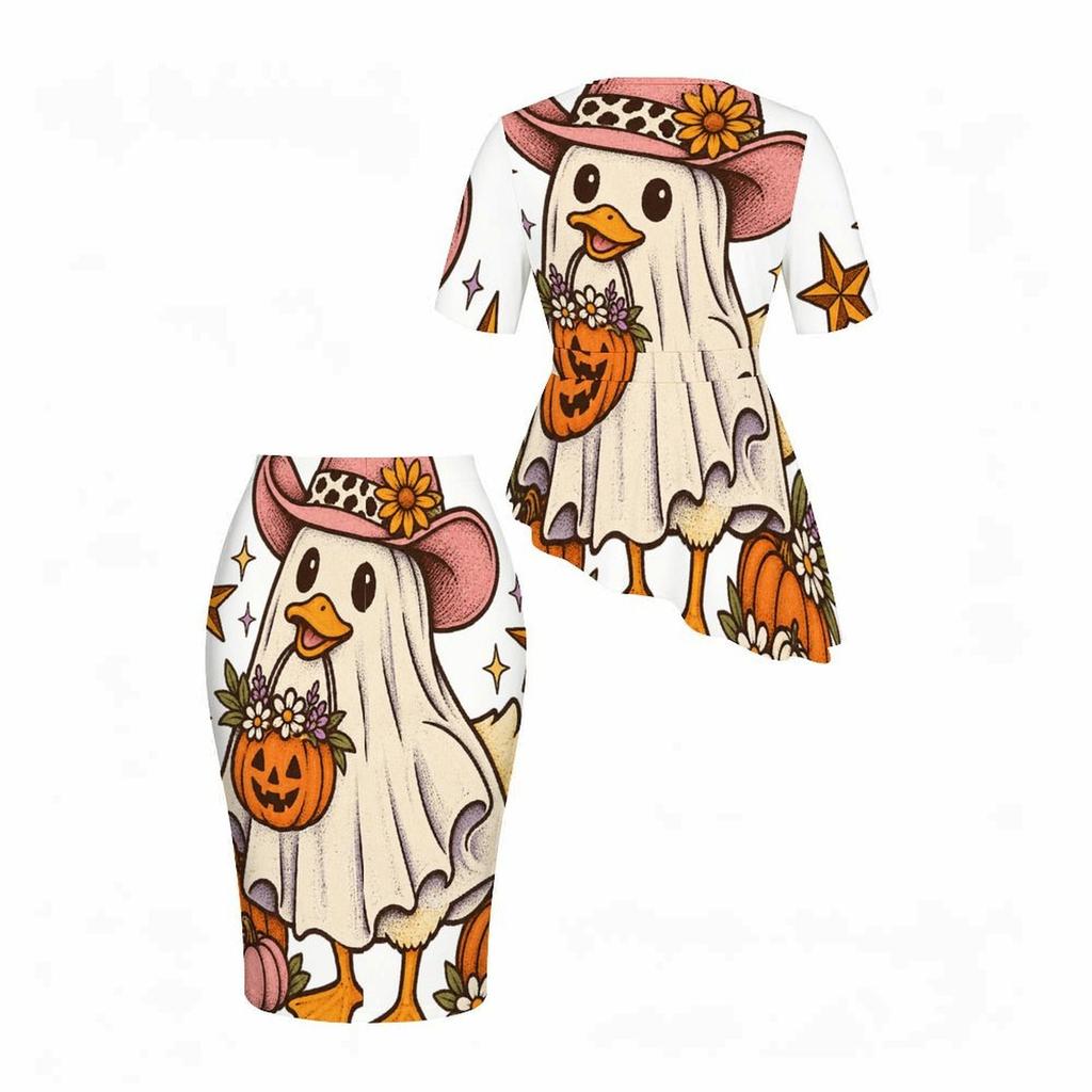 Women Plus Size Halloween Printed Round Neck Short Sleeve Asymmetric Top Fitted Skirt Two Piece Set