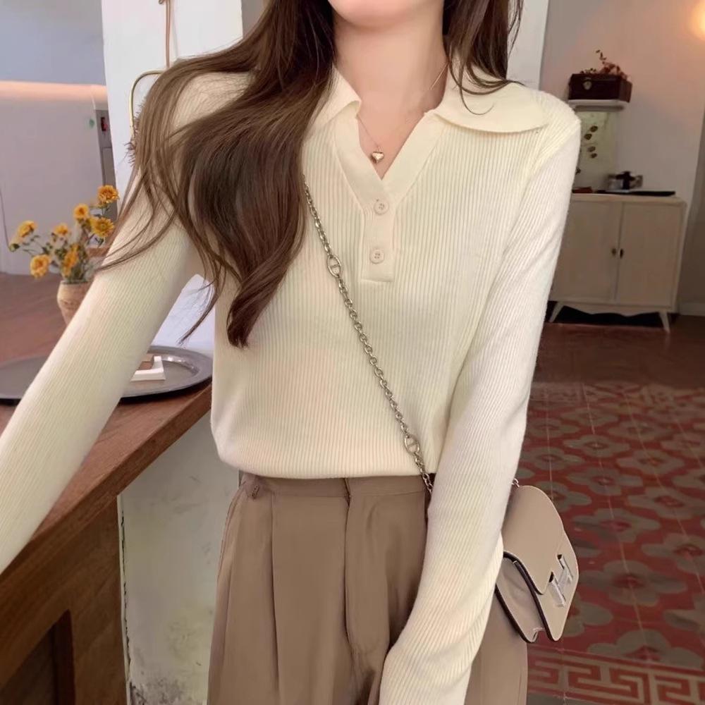 Autumn/Winter Polo Collar Sweater for Women Knitted Bottom Top Niche Design Sense Interior