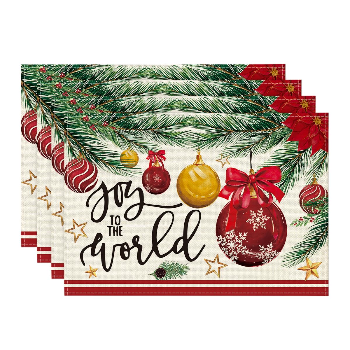 

Joy to The World Xmas Red Balls Christmas Placemats Set of 4, 12x18 Inch Seasonal Winter Pine Cone Table Mats for Party Kitchen Dining Decoration 12 x 18 , Rectangular 4 Pcs