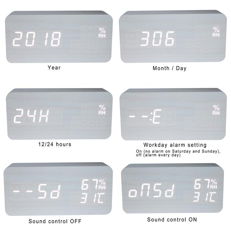 Rectangular Home Bedroom Electronic Temperature and Humidity Alarm Clock USB Voice Control LED Brightness Adjustment Digital Wood Clock