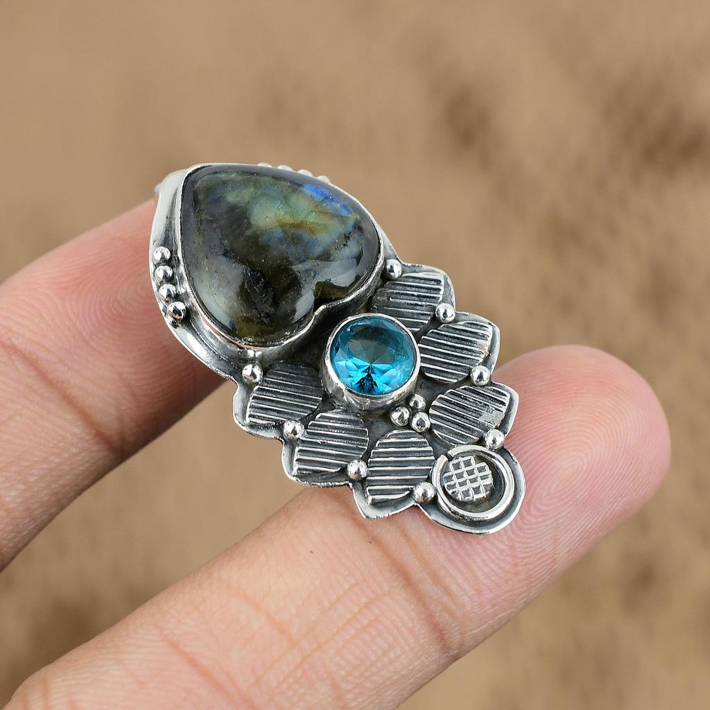 925 Sterling Silver Labradorite Stone Swiss Blue Topaz Mother Pendant Jewelry