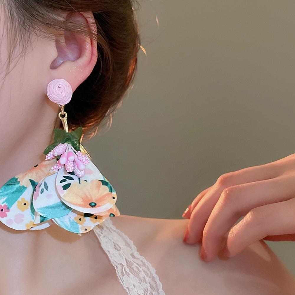 Exaggerated Beach Earrings Tassel Petals Stud Earrings Trendy Flower Dangle Earrings  Vacation