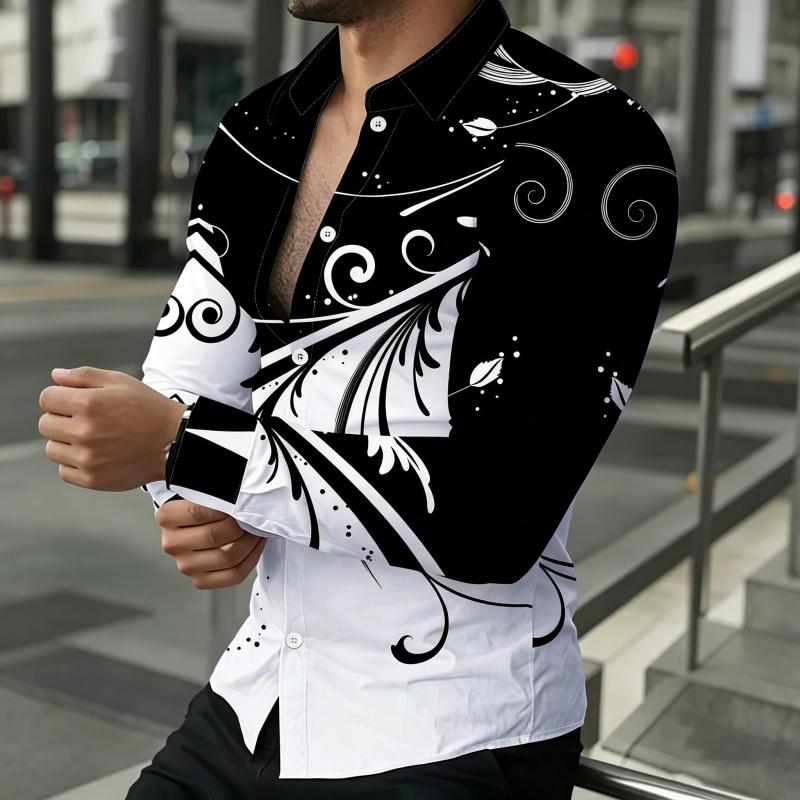 Men's Slim Fit Lapel Long Sleeved Shirt, Navy Style Boat Anchor Wave Print, Outdoor Casual Men's Top