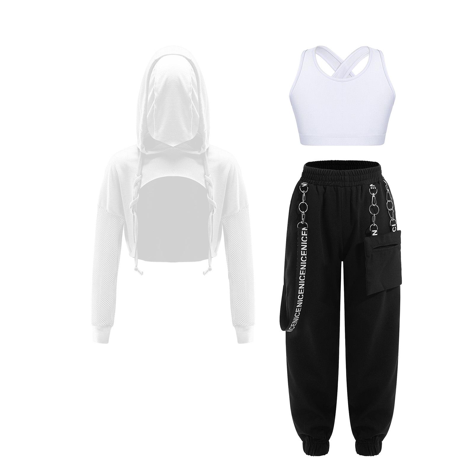 

Дитячий спортивний комплект для дівчат: Спортивний топ-бра, майка, худі кроп-топ, спортивні штани. Комплект для бігу, тренажерного залу, танців, виступів 5-6 Years білий