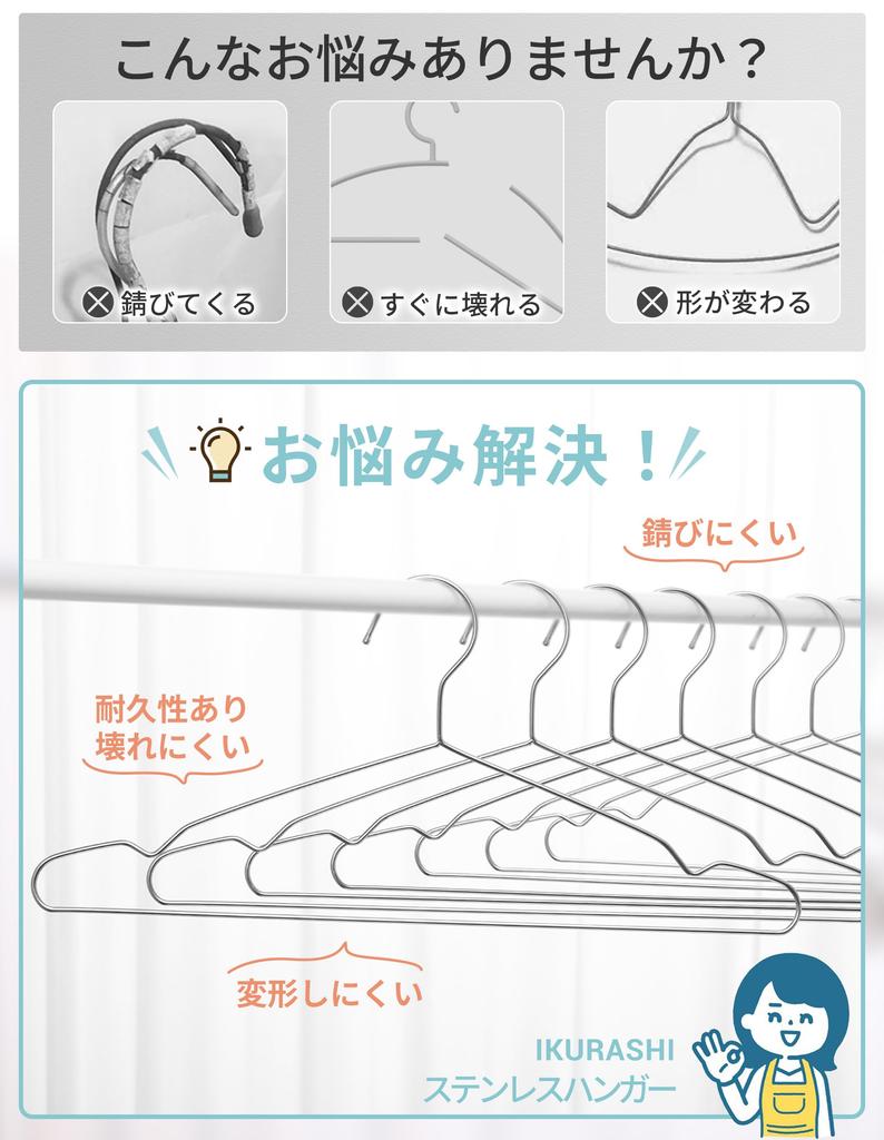 Ikurashi Stainless Steel Hangers, 50-Pack, Rust-Resistant, Non-Bending, Slim, Thin, Lightweight, Sturdy.