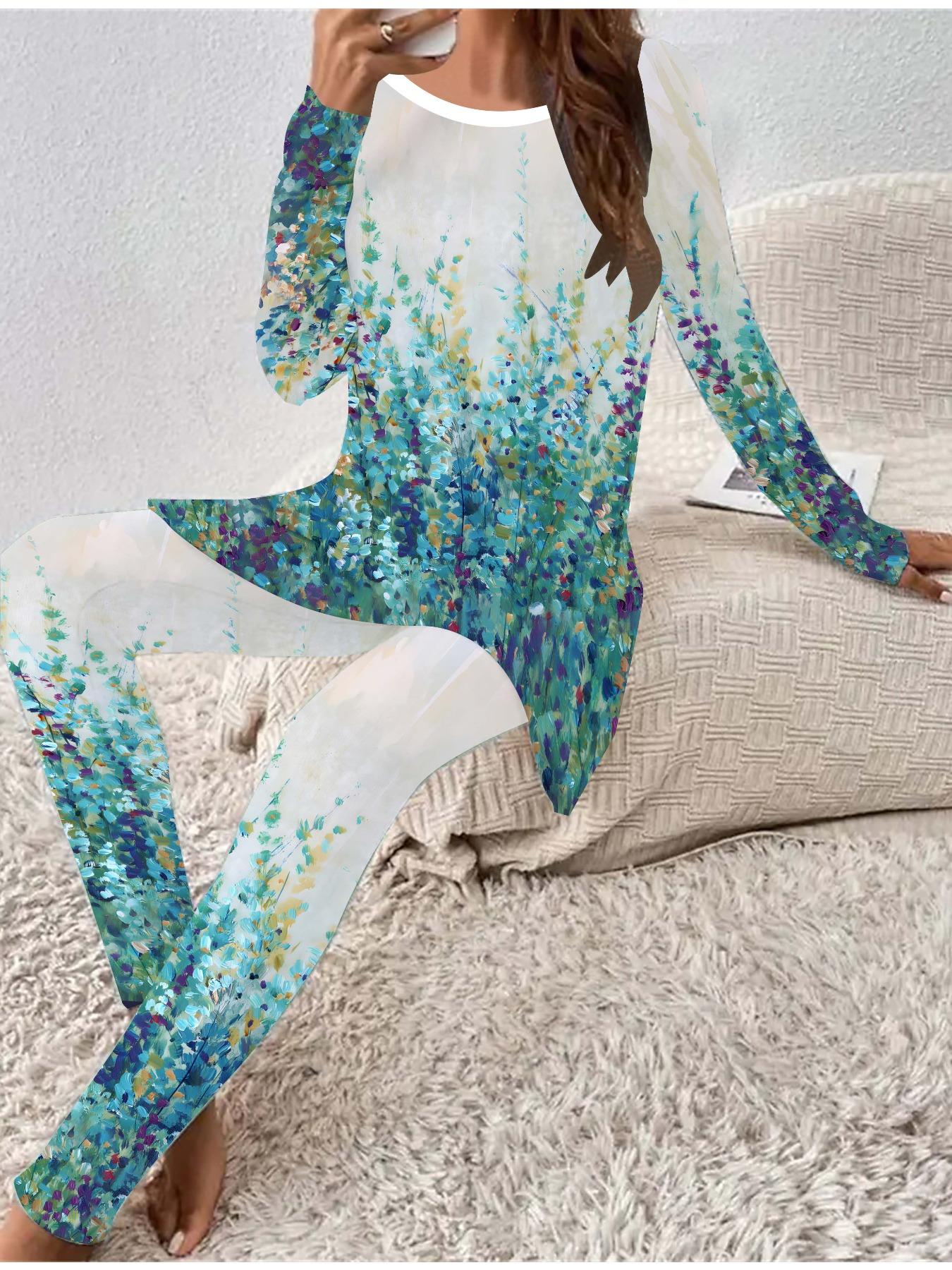 

Евро-американская мода Женский всесезонный комплект из двух предметов: футболка с длинным рукавом с 3D-принтом цветов + длинные брюки. Идеальный подарок на Новый год и Рождество 8XL зелёный