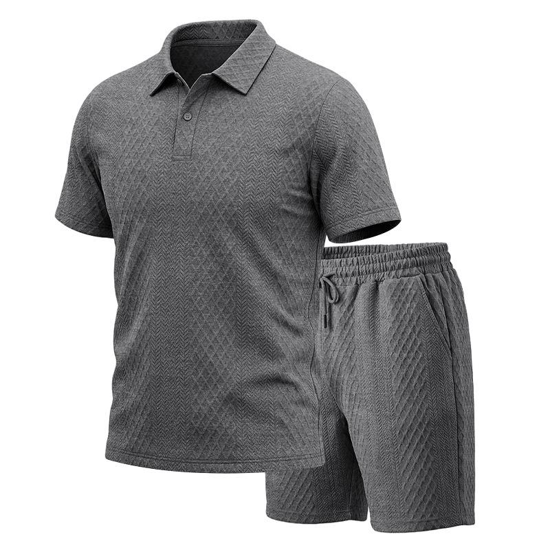 Men's Summer Jacquard Polo Shirt and Shorts Set Casual Loose Fit Lapel Collar 2-Piece Outfit