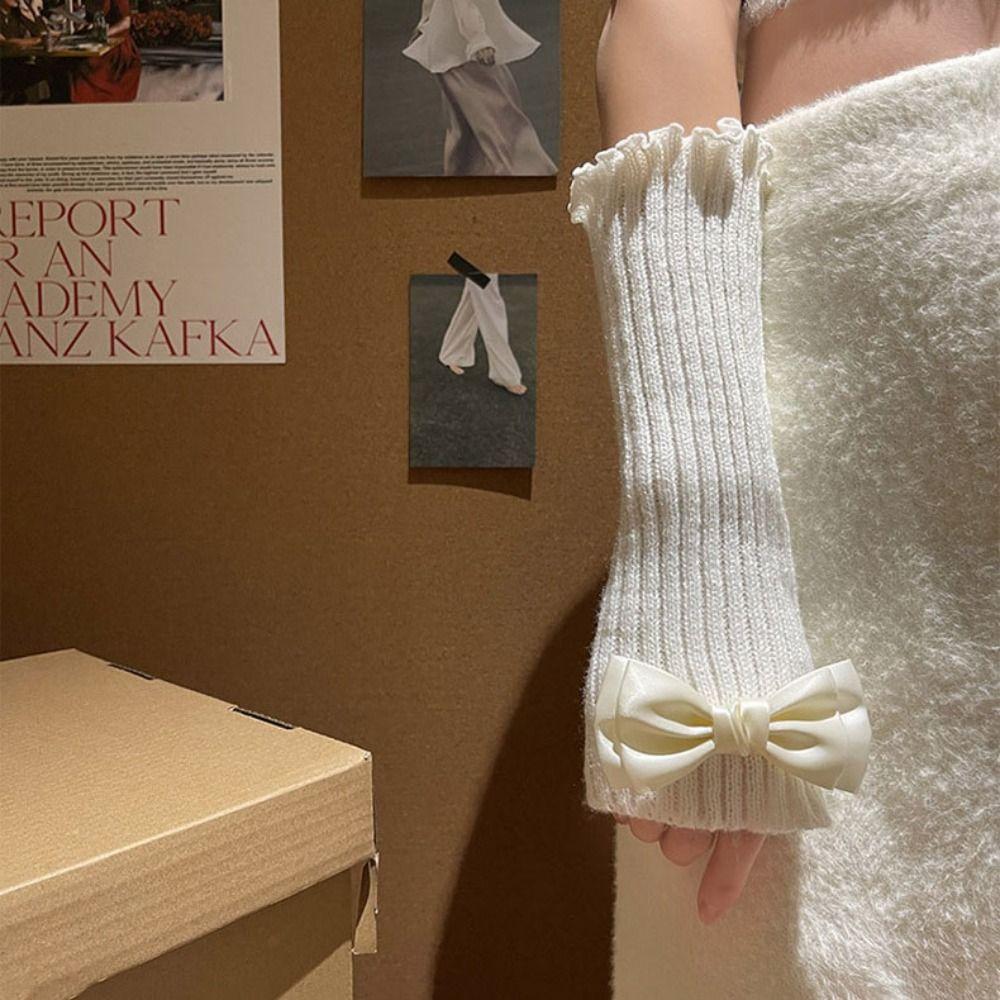 Y2k Knitted Bow Gloves Gothic Fingerless Gloves Soft Wool Sleeve Cuff  Ladies