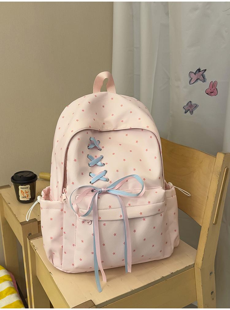 Schoolbag Star Bow Rope Backpack Women's Commuter Casual Large Capacity School Bag Lightweight Trend Versatile Fashion Backpack