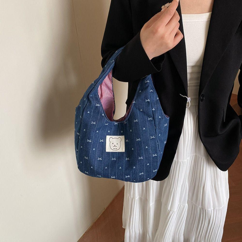 

Bowknot Denim Bucket Bag Korean Style Cute Wrist Bag Portable Denim Bow Handbag Students синій