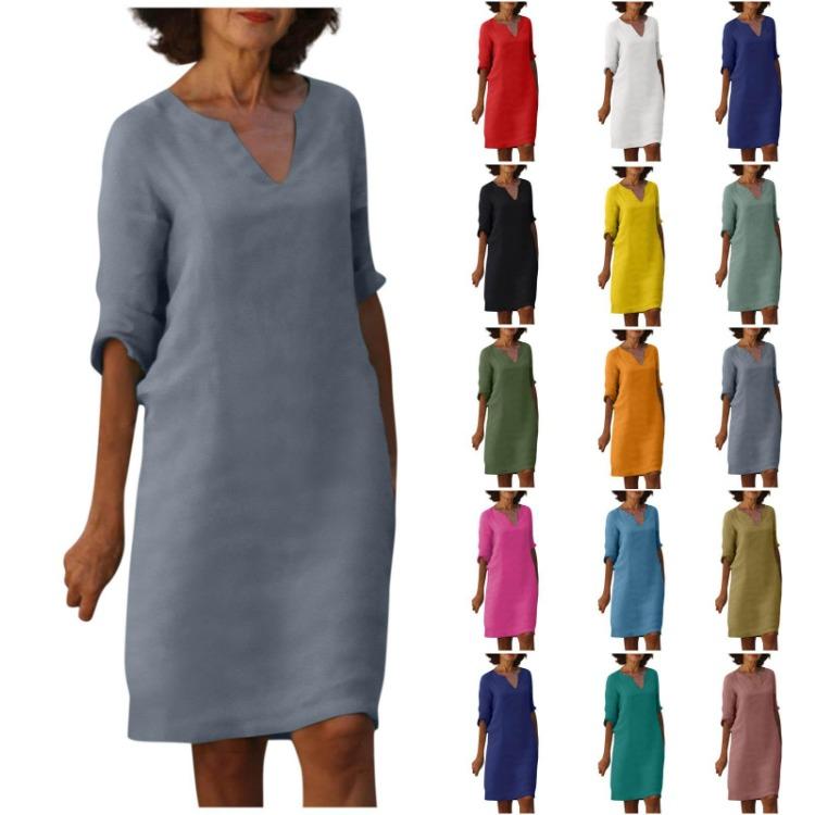 Casual Women Breathable Half Sleeve V Neck Solid Color Retro Summer Dress Light Cotton Linen