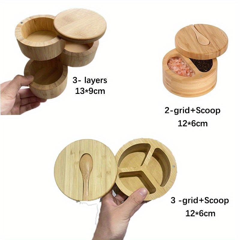 Eco-friendly Kitchen Products Bamboo Wood Triple Salt Spices Storage Container Box with Magnetic Swivel Lids