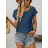 T-shirt da donna a maniche corte con bottoni, girocollo, tinta unita, con trafori, nuova per primavera ed estate