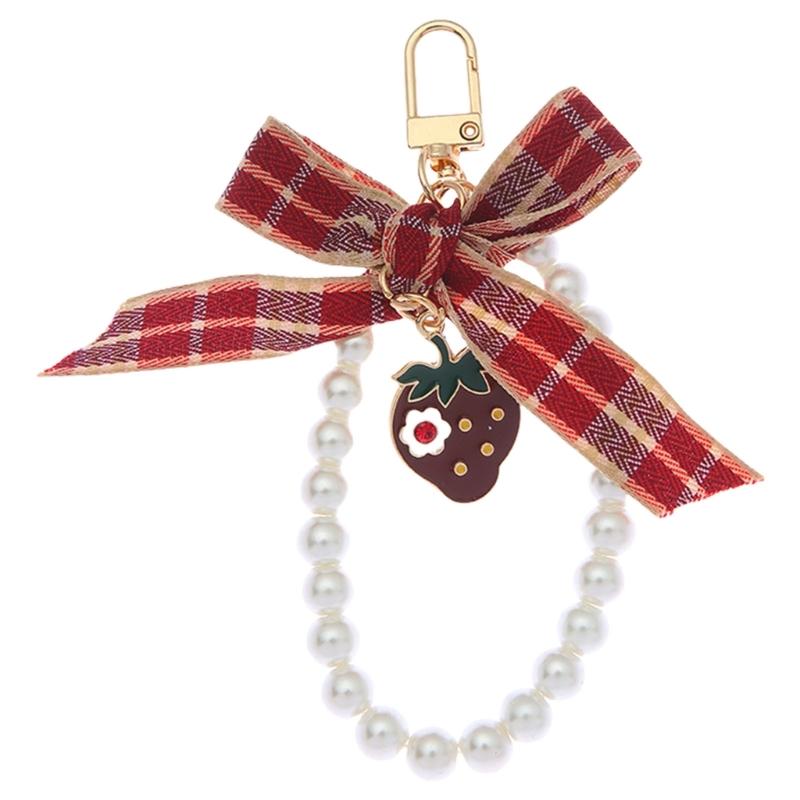 Strawberry Keychain Imitation Pearls Keyring Chain Bag Charm Pendant Hangings Ornament Bows Car Key Chain Decorations